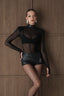 Sheer Mesh Bodysuit With PU Collar/Black
