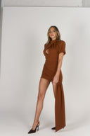 Fitted Twist Pleat Skirt With Drape / Tan Brown