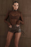 Sheer Mesh Bodysuit With PU Collar /Brown