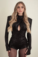 Twist Sequin Long Sleeve Bodysuit / Black