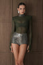 Sheer Mesh Bodysuit With Snake Sequin Collar /Olive